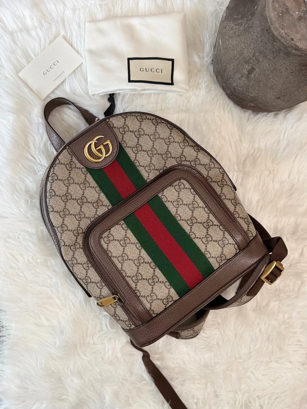 GUCCI OPHIDIA BACKPACK GG COATED CANVAS with Green and Red Web Stripe